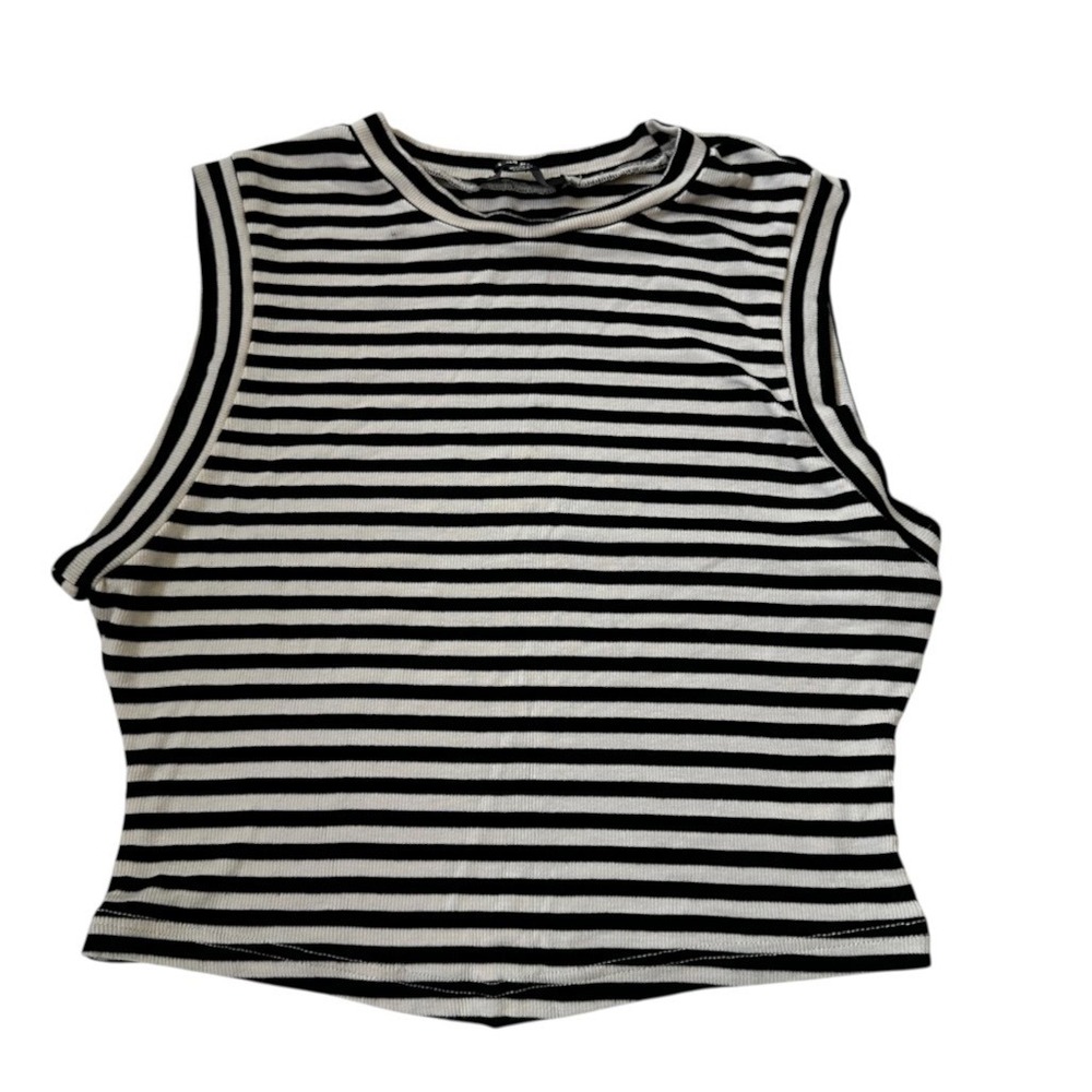 Lulus Striped Ribbed Sleeveless Crop Tank Top Black Cream Size S | 0347